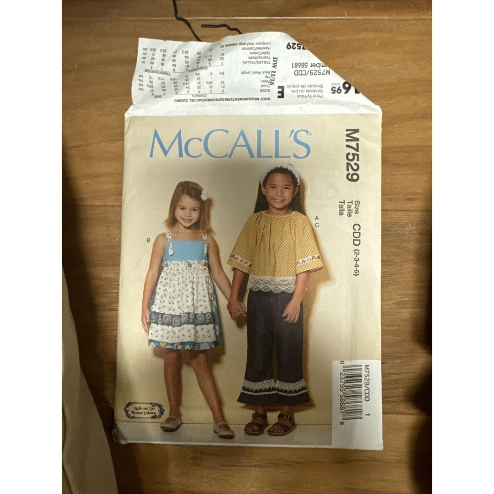 McCalls M7529 Girls Top Dress Pinafore Pants Sewing Pattern Size 2-5 Uncut